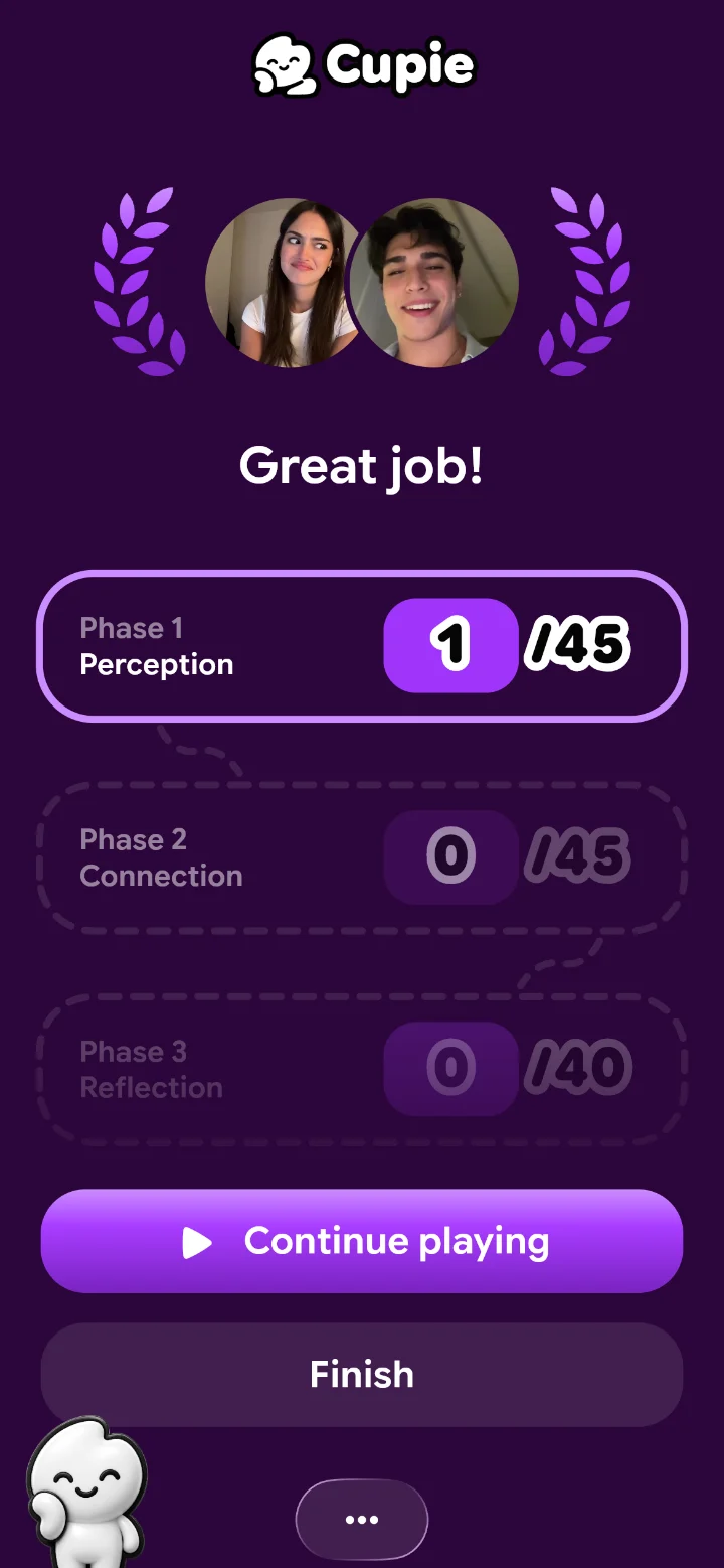 Get Closer phases: perception, connection, reflection. Get Closer in Cupie runs in phases, like the 36 questions