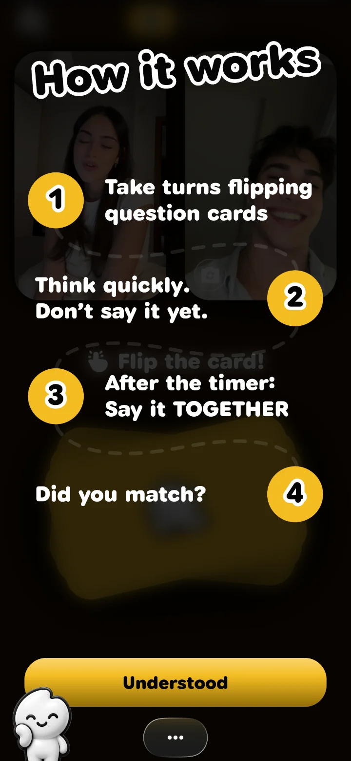 How the Match game works. Match in Cupie: answer at the same time, then compare