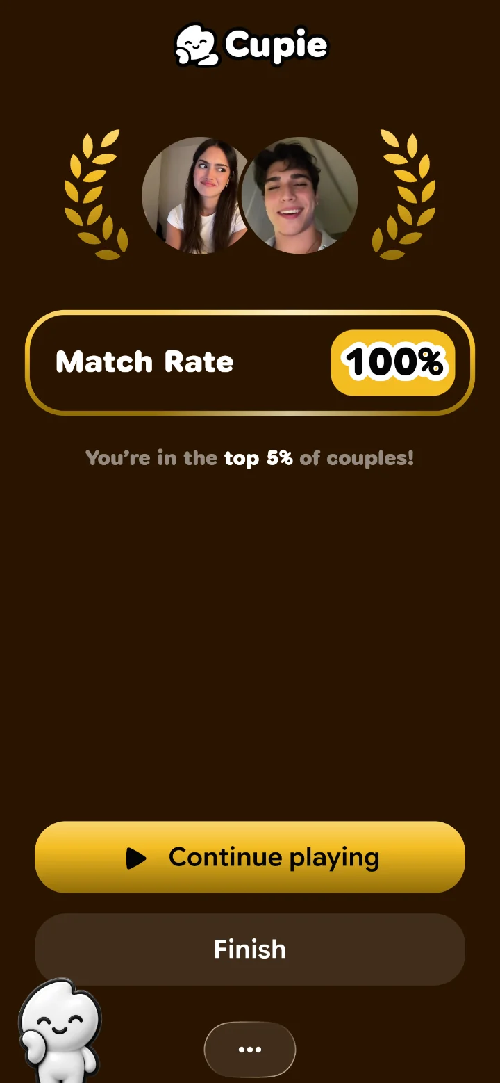 100% match rate result in Cupie. Match in Cupie shows how well the two of you match.