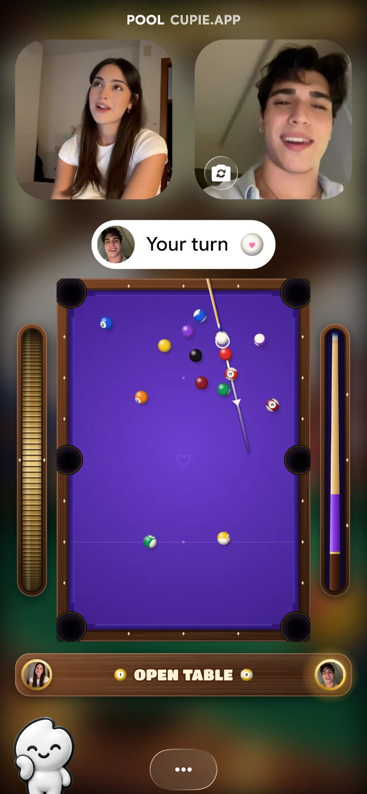 Pool game on a Cupie video call. Pool for two, one phone each